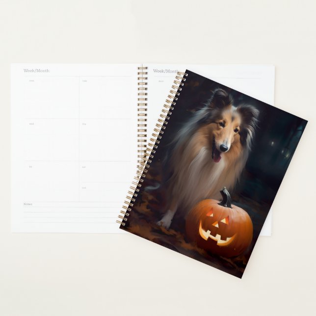 Collie à poil long d'Halloween avec citrouilles ef (Devant avec enveloppe)