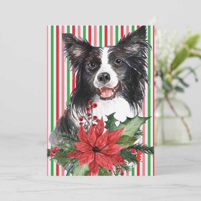 Collie Bordure Aquarelle Avec Carte Poinsettia (Debout devant)