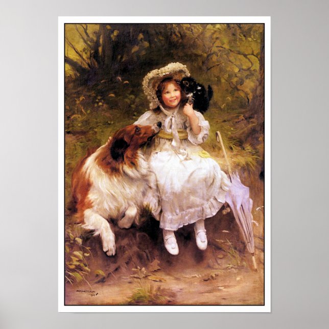 Collie Dog, Girl and Cat Poster Imprimer (Devant)