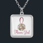 Collier Bouquet Rose Flower Bridal Party<br><div class="desc">Le collier présente une illustration originale d'un bouquet de fleurs de mariage roses,  avec FLOWER GIRL dans une jolie police bordeaux. Un cadeau parfait pour la fille aux fleurs !</div>