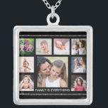 Collier Citation De Famille Noire Et Argent 9 Collage De P<br><div class="desc">Collier de collage photo unique à personnaliser avec 9 photos. La famille est tout ce que la typographie des citations fait du collier de cadre d'image un gardien pour les membres de la famille.</div>