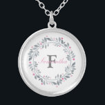Collier Double monogramme gris rose floral élégant<br><div class="desc">Monogramme ce collier gris et rose floral à couronne argentée plaqué argent avec votre initiale et votre nom. Idée cadeau idéal pour femme de ménage,  amis,  famille ou acheter un pour vous-même.</div>