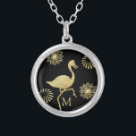 Collier Élégant or et Flamant rose noir Monogramme Art<br><div class="desc">Collier monogrammé élégant avec flamand doré et design floral.</div>