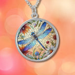 Collier En Argent Bleu de verre lisse paisible Dragonfly Botanique<br><div class="desc">Cette belle conception florale de libellules bleues comprend un effet de vitrail. Les mots encourageants "Embrace The Journey" peuvent être changés,  supprimés,  ou laissés tels quels.</div>