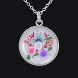 Collier En Argent Joli monogramme de bouquet floral d'aquarelle<br><div class="desc">Joli collier personnalisé avec l'aquarelle art. floral.</div>