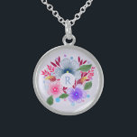 Collier En Argent Joli monogramme de bouquet floral d'aquarelle<br><div class="desc">Joli collier personnalisé avec l'aquarelle art. floral.</div>
