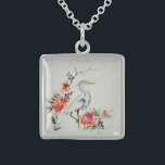 Collier En Argent L'élégante grue asiatique et l'art florissant<br><div class="desc">Grotte assez complexe et fleurs peinture asiatique.</div>