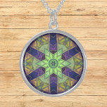 Collier En Argent Mosaic Kaleidoscope Flower Green Yellow and Purple<br><div class="desc">This mosaic kaleidoscope design features brilliant green,  yellow,  and purple tiles. A vivid geometric design inspired by fractals,  mandalas,  and stained glass mosaics. Get this beautiful trippy design now and add some groovy colors to your life!</div>