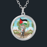 Collier Enfant avec le drapeau de Keffiyeh Palestine<br><div class="desc">Petit garçon mignon de Gaza,  portant un Keffiyeh,  et tenant le drapeau palestinien,  symbole de liberté et d'indépendance de la Palestine libre. Illustration graphique Vector originale copyright BluedarkArt TheChameleonArt.</div>