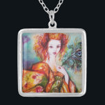 COLLIER FEMME ROMANTIQUE AVEC PEACOCK FEACOCK<br><div class="desc">Original contemporain painting with golden foil and iridescolors in bright green, yellow orange ,  teal, turquase,  elegant blanc , beautiful sophisticated brunette woman, red, green sparkling gold fabrics of a baroque costume with peacock feathers .painting by bulgan i)</div>