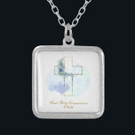 Collier *~* Floral AP35 Communion Confirmation chrétienne<br><div class="desc">(( ID de recherche AP35 pour des designs similaires )) SIMPLE MINIMAL Design. Bouquet floral BLEU sur croix / crucifix CARRÉ FORME L'arrière - plan est BLANC. La police de texte est un script de calligraphie élégant et sophistiqué. Le design est très SIMPLE et MINIMAL. Religious catholique - Croix béni...</div>