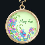 Collier floral de myosotis des marais personnalisa<br><div class="desc">La conception originale de beaux-arts de peu de bleu et rose m'oublient pas des fleurs de jardin par l'artiste/concepteur Carolyn McFann du studio de ronronnement de deux chats imprimé sur une qualité et un collier personnalisable. Les myosotis des marais sont des symboles de souvenir. Rappelez-vous quelqu'un spécial avec cette belle...</div>