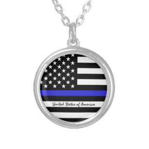 Collier Ligne Bleue Mince & Police américaine du Drapeau /