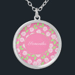 Collier Monogramme Nom Pink Green Floral Script Calligraph<br><div class="desc">Monographie ce joli collier de poche fleuri rose et vert avec votre nom ou vos initiales. Ces colliers font de grands cadeaux d'honneur,  des cadeaux de la fête des mères et des cadeaux pour toute femme de votre vie.</div>