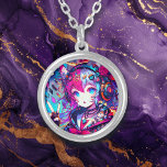 Collier Oeuvre colorée Glitchcore Anime Girl<br><div class="desc">Anime glitchcore fille donnant un signe de paix avec des écouteurs,  des notes musicales et des oreilles de renard coloré violet,  rose,  bleu et noir l'art de l'ai.</div>