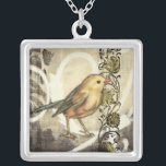 Collier Oiseau jaune et vert sur Arrière - plan Vintage<br><div class="desc">Ce mélange de peinture et de croquis dépeint un gros plan d'oiseau jaune et vert sur un simple arrière - plan noir et beige. Les lignes blanches de l'arrière - plan ajoutent un ton vintage. Cette image s'adapterait parfaitement à n'importe quel produit Zazzle personnalisable.</div>