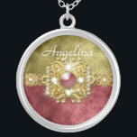 Collier Olive rouge mariage damassé d'or<br><div class="desc">Ce collier plaqué par argent avec un pendentif rond, a une belle chaîne d'or avec un rubis marqueté un fermoir carré, en jeu entre un vin rouge vibrant et l'or d'antiquité, damassé infusée, arrière - plan de suède de faux. Il y a un modèle des textes pour votre nom ou...</div>