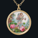 COLLIER PLAQUÉ OR ANGE ROMANTIQUE RASSEMBLANT ROSES ET FLEURS ROSES<br><div class="desc">Roses roses élégantes avec cupide,  design de style vintage pour Noël et la Saint Valentin graphismes numériques et design par Bulgan Lumini (c)</div>