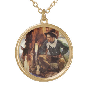 Collier Plaqué Or Art vintage, Cowboy Waters Son Cheval par NC Wyeth