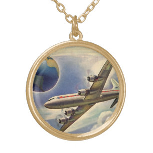 Collier Plaqué Or Avion vintage volant autour du monde dans les nuag