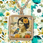 Collier Plaqué Or Belle femme Vintage aux oiseaux et aux fleurs<br><div class="desc">Jolie femme vintage avec des oiseaux et des fleurs orange et jaune. Mots inspirants beauté,  espoir,  inspiration et amour.</div>