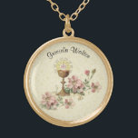 Collier Plaqué Or Communion Hôte Fleurs Roses Dentelle de Chalice<br><div class="desc">C'est une belle image catholique traditionnelle de l'hôte sacré (communion) au-dessus du chalice avec des fleurs roses et un arrière - plan de dentelle. Le texte et les polices peuvent être modifiés</div>