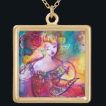 COLLIER PLAQUÉ OR CONCERT DE PRINTEMPS HARMONY TRIO<br><div class="desc">Coloré,  artistique lunatique,  figuratif abstrait peinture à l'aquarelle contemporaine avec trois personnages,  tourbillons floraux,  roses,  fleurs,  étincelles d'or,  feuille d'argent dans les couleurs vives jaune,  rouge vert,  bleu,  rose fuchsia.</div>