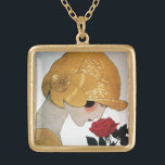 COLLIER PLAQUÉ OR DAME AVEC ROSE ROUGE<br><div class="desc">Illustration de haute couture Art Déco française,  dynamique et classe. Portrait d'une belle jeune femme portant un casquette doré avec fleur,  noir blanc,  jaune,  couleurs grises .Cool,  design moderne et artistique.</div>
