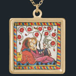 COLLIER PLAQUÉ OR ETERNEL LOVE VALENTINE'S DAY PARCHMENT<br><div class="desc">Art ancien coloré expressif. Miniature allemande héraldique médiévale de 1200 amants romantiques dans un jardin fleuri avec un oiseau blanc, mélangé avec des effets de parchemin marron vieilli.Facile à customiser comme une cérémonie mariage, carte nuptiale, cartes de place, sauvegarder le jour, carte de remerciements, douches nuptiales, douches fiançailles romantiques, anniversaires,...</div>