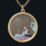 Collier Plaqué Or Fireworks Art déco vintage Le Feu, George Barbier<br><div class="desc">Illustration vintage Image art déco de la fête du 4 juillet avec un homme et une femme s'embrassant assis sur une couverture fleurie drapée sur la rampe sur un balcon. Le jeune couple marié partage un baiser romantique tandis que les feux d'artifice explosent dans le ciel nocturne magnifique. Elle porte...</div>