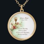 Collier Plaqué Or Floral catholique traditionnel de première sainte<br><div class="desc">C'est une belle image vintage catholique traditionnelle du centre serveur sacré (communion) au-dessus du calice avec des fleurs de ressort. Le texte et les polices peuvent être modifiés. Nous offrons également les invitations assorties de communion, cartes, faveurs, autocollants, etc., avec cette conception. Visitez la douche du magasin de roses sur...</div>