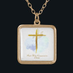 Collier Plaqué Or *~ Gold Cross AP35 Communion Christian Blue<br><div class="desc">(( ID de recherche AP35 et AP40 pour des designs similaires )) SIMPLE MINIMAL Design. Aquarelle BLEUE et feuilles BOTANIQUES OR sur croix / crucifix/ FORME CARRÉ L'arrière - plan est BLANC avec une tache d'aquarelle claire de BLEU. La police de texte est un script de calligraphie élégant et sophistiqué....</div>