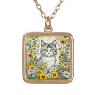 Collier Plaqué Or Gray Kitty Chat assis en Fleurs
