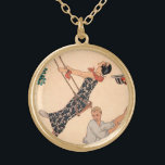 Collier Plaqué Or L'amour Art Déco vintage, La Swing de George Barbi<br><div class="desc">Illustration vintage image art déco amour et romance avec un couple flirtant, jouant et insouciant dans le parc pendant la saison de printemps. La femme balançait sur une balançoire d'un arbre, son casquette tombe et elle porte une belle robe florale aux fleurs en fleurs. L'homme se tient derrière elle et...</div>