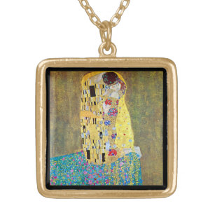 Collier Plaqué Or Le baiser de Gustav Klimt, Art Nouveau Vintage