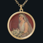 Collier Plaqué Or Mariage vintage, Portrait de mariée victorienne<br><div class="desc">Illustration vintage image mariage d'amour et de romance montrant une mariée sur sa robe mariage et voile tenant son bouquet mariage de fleurs blanches assis pour un portrait.</div>