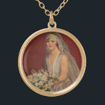 Collier Plaqué Or Mariage vintage, Portrait de mariée victorienne<br><div class="desc">Illustration vintage image mariage d'amour et de romance montrant une mariée sur sa robe mariage et voile tenant son bouquet mariage de fleurs blanches assis pour un portrait.</div>