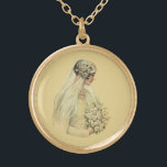Collier Plaqué Or Mariage vintage, Portrait de mariée victorienne<br><div class="desc">Illustration vintage dessin de portrait mariage victorien montrant la mariée dans le profil. La belle mariée est dans sa robe mariage avec voile tenant un bouquet de fleurs blanches.</div>