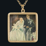 Collier Plaqué Or Mariée et mariée Mariage Art déco vintage mariée e<br><div class="desc">Illustration vintage image art déco d'amour et de romance montrant une mariée et un marié marchant dans l'allée après la cérémonie du mariage. L'homme porte un smoking et la femme porte une robe blanche mariage et un bouquet de fleurs calla. Le couple heureux marié commence son mariage.</div>
