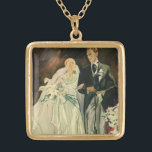 Collier Plaqué Or Mariée et mariée Mariage Art déco vintage mariée e<br><div class="desc">Illustration vintage image art déco d'amour et de romance montrant une mariée et un marié marchant dans l'allée après la cérémonie du mariage. L'homme porte un smoking et la femme porte une robe blanche mariage et un bouquet de fleurs calla. Le couple heureux marié commence son mariage.</div>