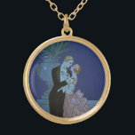Collier Plaqué Or Nouveaux mariés de style Art déco vintage, Oui par<br><div class="desc">Illustration vintage image art déco d'amour et de romance avec un homme et une femme vêtus d'une tenue formelle danse dans la salle de bal au clair de lune ; elle est dans une robe de mariée élégante ressemblant à une fleur avec des pétales et il est dans son meilleur...</div>