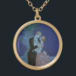Collier Plaqué Or Nouveaux mariés de style Art déco vintage, Oui par<br><div class="desc">Illustration vintage image art déco d'amour et de romance avec un homme et une femme vêtus d'une tenue formelle danse dans la salle de bal au clair de lune ; elle est dans une robe de mariée élégante ressemblant à une fleur avec des pétales et il est dans son meilleur...</div>