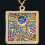 COLLIER PLAQUÉ OR OISEAUX COLORÉS ET ÉPAULES FLORALES MONOGRAMME DE<br><div class="desc">Fleurs de printemps colorées et vibrantes et petites colibries en or et bleu. Elégant,  artistique,  design inspiré Art Nouveau émaux bohème en bleu turquoise,  rouge,  turquoise,  or jaune,  violet,  couleurs blanches avec pierre saphir bleu 3D..Graphique numérique,  3D Modélisation par Bulgan Lumini (c)</div>