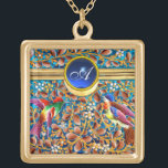 COLLIER PLAQUÉ OR OISEAUX COLORÉS ET ÉPAULES FLORALES MONOGRAMME DE<br><div class="desc">Fleurs de printemps colorées et vibrantes et petites colibries en or et bleu. Elégant,  artistique,  design inspiré Art Nouveau émaux bohème en bleu turquoise,  rouge,  turquoise,  or jaune,  violet,  couleurs blanches avec pierre saphir bleu 3D..Graphique numérique,  3D Modélisation par Bulgan Lumini (c)</div>