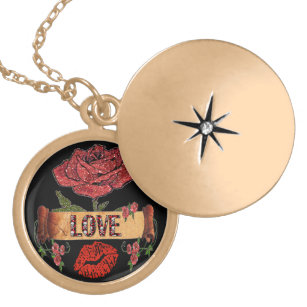 Collier Plaqué Or RAB Rockabilly Roses, Love & Lipstick
