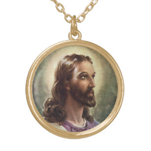 Collier Plaqué Or Religieux vintage, Portrait Jésus Christ avec Halo