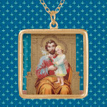 Collier Plaqué Or Saint-Joseph avec enfant Jésus-Christ<br><div class="desc">Ce détail tiré d'un imprimé dévotionnel d'Europe de l'Est de la fin du XIXe siècle représente Saint-Joseph assis sur un trône d'or avec le Christ Enfant comme un tout-petit debout sur le genou. L'Enfant Christ lève sa main droite en bénédiction et tient un spray de lys symbolisant la pureté dans...</div>