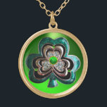 COLLIER PLAQUÉ OR SHAMROCK VERT EMERALD IMPRIMÉ JEWEL AVEC GEMS<br><div class="desc">Bijou Shamrock vert élégant avec pierres précieuses pour la Saint Paddy's Day,  .Développement graphique numérique par Bulgan Lumini.</div>