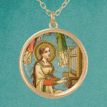 Collier Plaqué Or St Cecilia de Rome (détail; BNG 02)<br><div class="desc">Dans ce détail d'une splendide empreinte dévotionnelle néo-gothique suisse, St. Cecilia de Rome (IIIe siècle) est représenté jouant d'un orgue à pipe droit contre un arrière - plan aquacole à motifs de points d'or et d'étoiles. Ses longs cheveux auburn pendent et se dégrade au-dessus de ses épaules et sur son...</div>