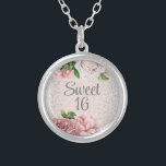 Collier Roses rose pâle Floral Silver Parties scintillant<br><div class="desc">Elégant vintage botanique rose vif roses et feuilles verts sur rose Sweet 16 collier plaqué argent avec parties scintillant brillante argent. Contactez-moi pour obtenir de l'aide sur vos personnalisations ou pour demander des produits Zazzle correspondants ou coordonnés supplémentaires pour votre groupe.</div>